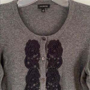 TALBOTS grey cardigan black lace floral appliqué